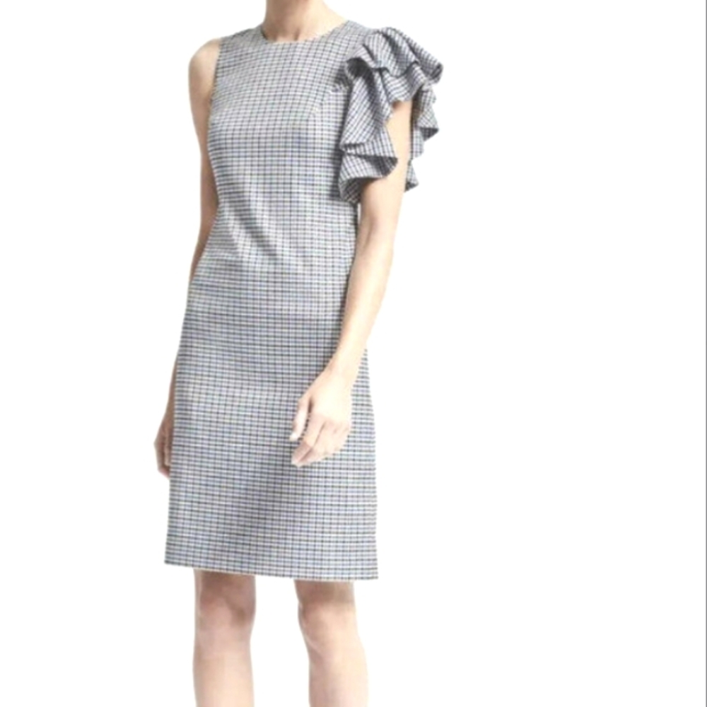 BANANA REPUBLIC Women's Checkered Ruffle- Shoulder Sheath Midi Dress Sz 4